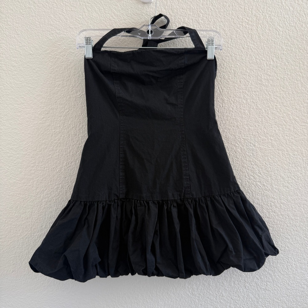 Lioness Sofia Mini Dress Black 100% Cotton Halter Bubble Hem Size S